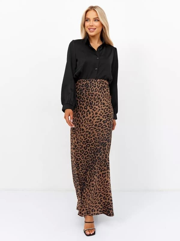 Satin Leopardmönstrade Kjolar Hög Midja Elastisk Midja Långa Kjolar, Brun, Storlek L brown L