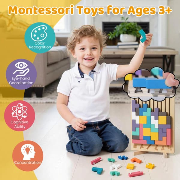 Montessori Brain Blocks Trästaplingsleksaker för barn 3D Tetris Pussel