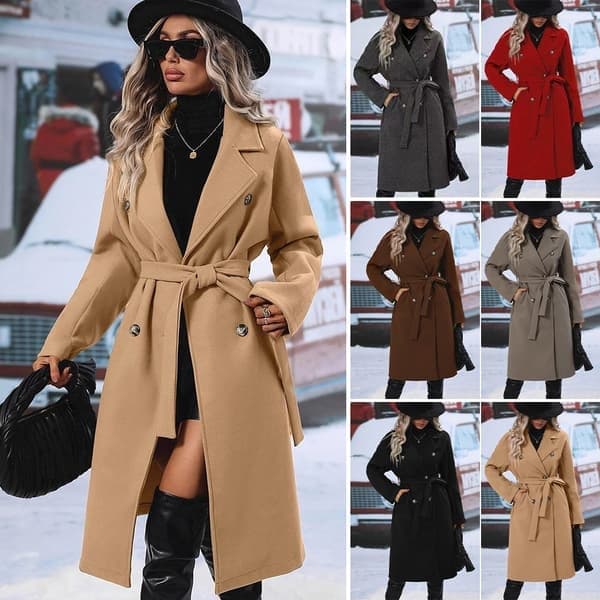 Lang ullfrakk for kvinner med hektekrage, dobbeltspent trenchcoat, brun, størrelse S brown S