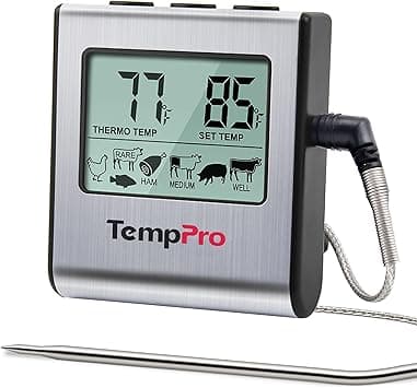 TempPro TempTrack Stort LCD Digitalt Kødtermometer til Madlavning | Køkken Madtermometer Med Ur Timer, Rustfri Stål Temperaturføler Pure Black