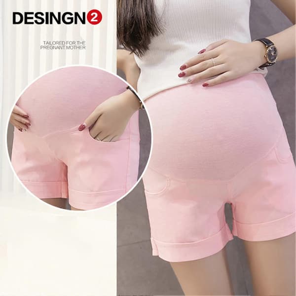 Mamma sommarshorts Hög midja Elastisk bomull Andningsbara graviditetsmagstödshorts Rosa L