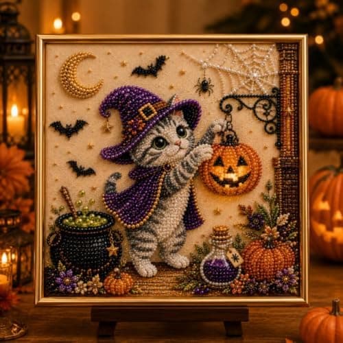 Hamai DIY Halloween Kat Perleperlemaleri Sæt, Perlekunst Håndværk med Spooky Sort Kat & Måne Design, Begyndervenligt, Afslappende Stresslindring C