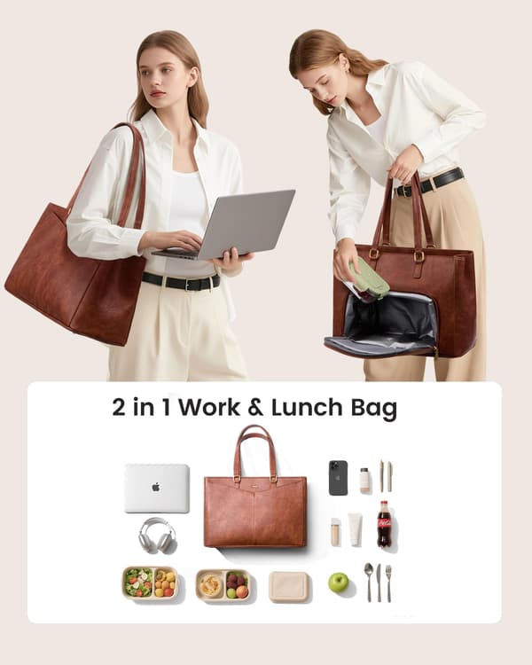 LOVEVOOK Madpose til kvinder, arbejdstaske til bærbar computer med madrum, 3 i 1 arbejdstaske, 15,6 tommer laptoptaske, stor kop