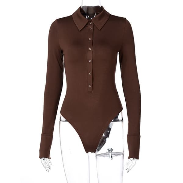 Dam långärmad bodysuit med nedvikt krage, brun, storlek M brown M