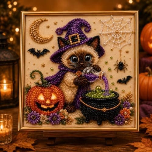 Hamai DIY Halloween Kat Perleperlemaleri Sæt, Perlekunst Håndværk med Spooky Sort Kat & Måne Design, Begyndervenligt, Afslappende Stresslindring Bb