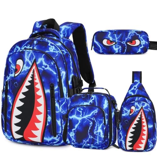 Rygsæk til drenge, 4 STK Cool Lysende Haj Drenge Rygsæk med Madkasse Blue Lightning Backpack&Shoulder Bag