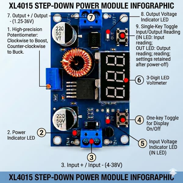 2 st 5A 75W DC-DC Step Down Buck Converter XL4015 Modul | Justerbar Spänningsregulator med LED Voltmeter Display Två Knappar