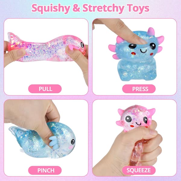 Tedmax Glitter Axolotl Squishy Sensoriska Leksaker, 4 st Mjuka och Töjbara Fidget Leksaker Pink