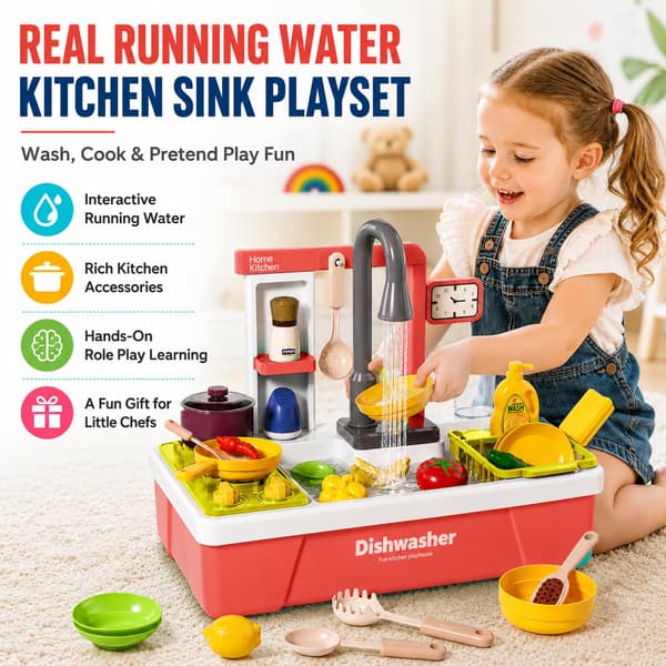 Leksaksdiskho med rinnande vatten, leksakskök för småbarn 1-3 år Red
