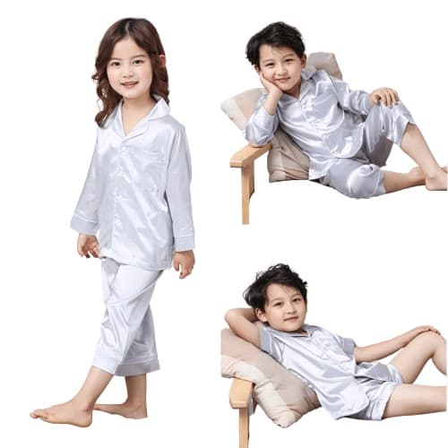 Långärmad pyjamas för barn, pyjamas i siden med knappar, silver, storlek 160 cm silver 160cm