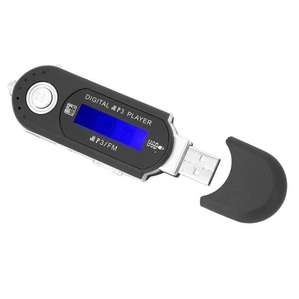 MP3-soitin, musta, LCD-näyttö, FM-radio, sanelin