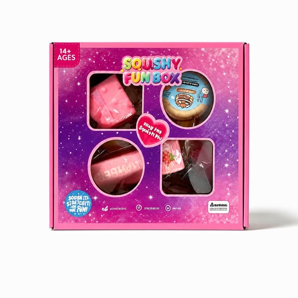 4-delad rosa Squishy Fun Box, kompakta blandade mat-sensoriska stressavlastningsleksaker i presentförpackning med fönster
