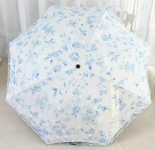 Blonde Blomster 3-Fold Paraply UPF 50+ UV-Beskyttelse Rejseparasol til Regn og Sol Manual-06Blue