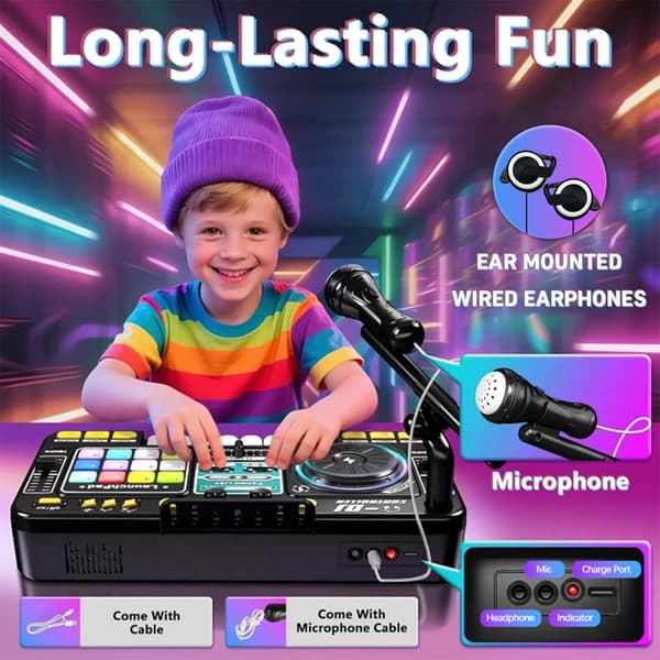 Multifunksjonelt DJ-miksekontrollersett for barn, med LED-lys, lydeffekter, mikrofon og et DJ-keyboard i pianostil; et