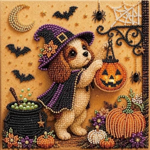 DIY Perlemalingssett med ramme 12 tommer Spaniel Heks Gresskar Lykt Spaniel Witch with Pumpkin Lantern