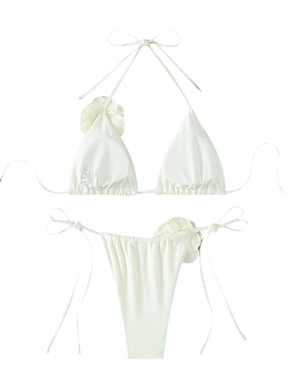 Bikini för kvinnor, 2 delar, med 3D-ros, hög midja, badkläder, strandkläder, vit, storlek S White S