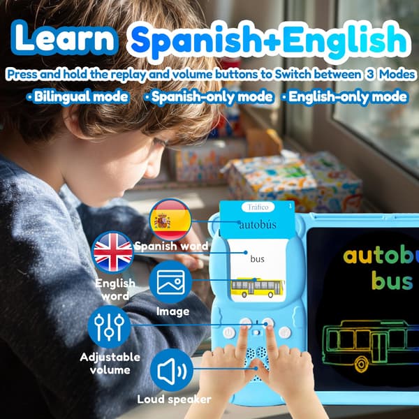 Skriveplade med tosprogede flashkort til børn, spansk blå Blue Spanish