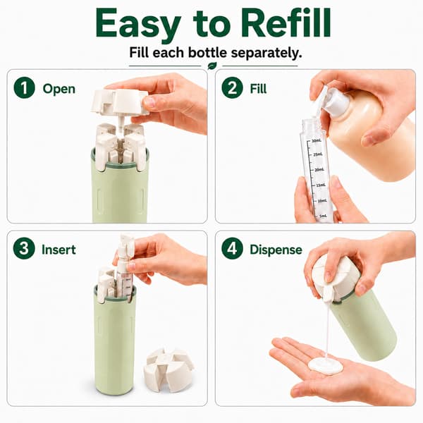 4-i-1 Resetoalettflaskor, Läckagesäker Pumpdispenser, 4 x 30 ml, Grön Green