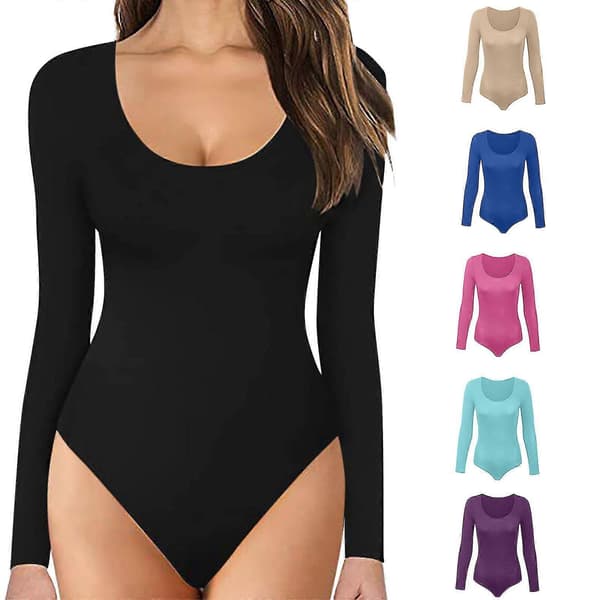 Rund Hals Langærmet Bodysuit Dobbeltforet Blød Basic Top Kvinder Langærmet Bodysuit Black XL