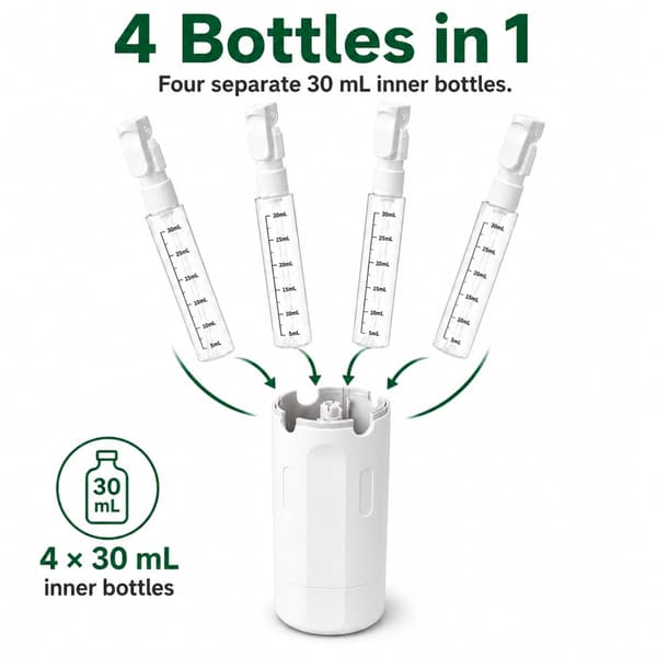 4-i-1 Resetoalettflaskor, Läckagesäker Pumpdispenser, 4 x 30 ml, Vit White