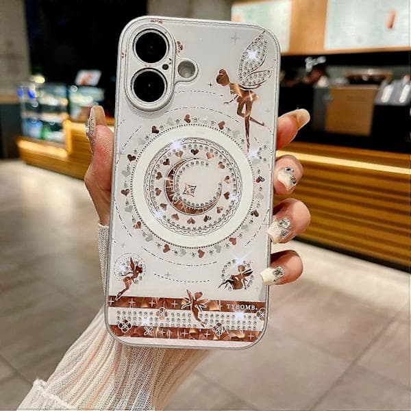 Magnetisk deksel til iPhone 16 med stjerne- og månemønster, strassdekor, TPU+PC-telefondeksel