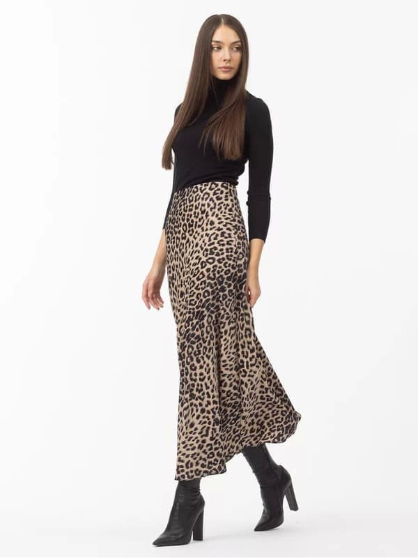 Satin Leopardmønster Nederdele Høj Talje Elastik Talje Lange Nederdele, Beige, Størrelse L beige L