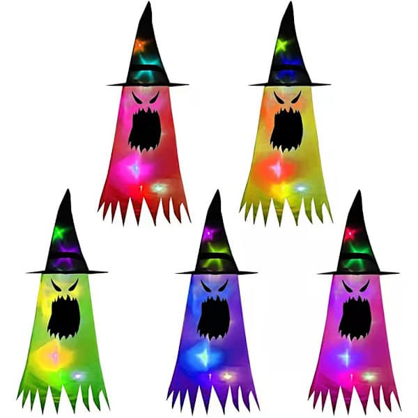 5 stk. lysende heksehatte, spøgelseshatte, Halloween-hatte