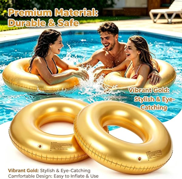 Stora uppblåsbara poolflottar 35 tums poolflottar – poolringar simringar uppblåsbara poolringar flottar för vuxna, poolflottar för tema Gold