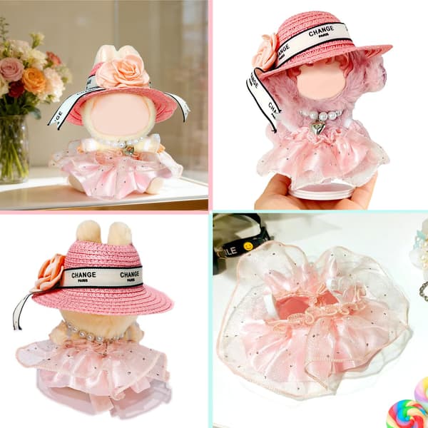 17 cm dockkläder för Labubu, rosa sommarprinsessklänning i tyll, set Pink