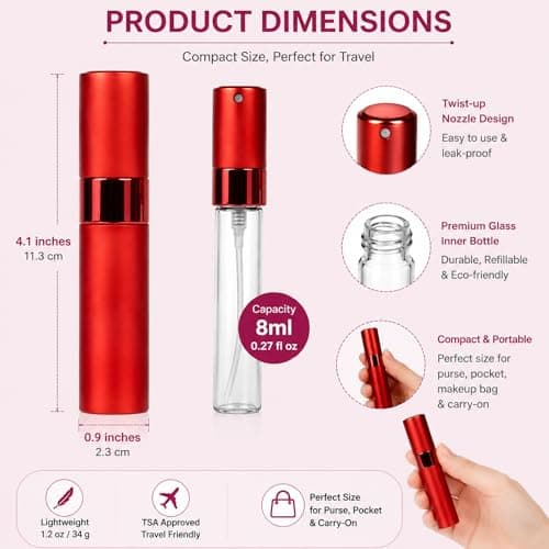 4-pack 8 ml påfyllningsbara parfymatomizers, läckagesäker insida, aluminiumskal Red