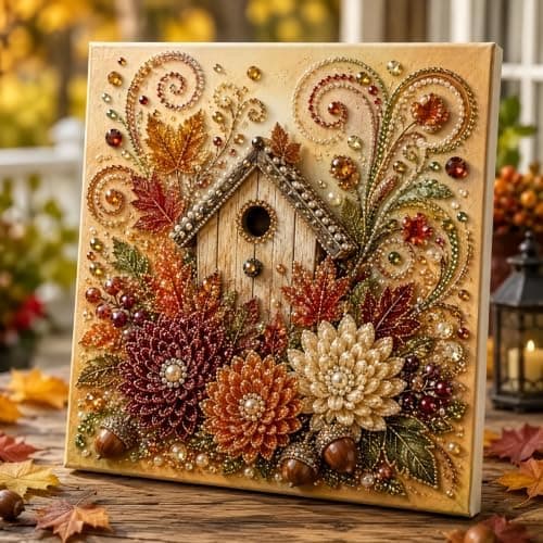 12\" Efterårsperlemalingssæt, 5D Perlemalingshåndværk, DIY Efterårsindretning, F Autumn Birdhouse Decor