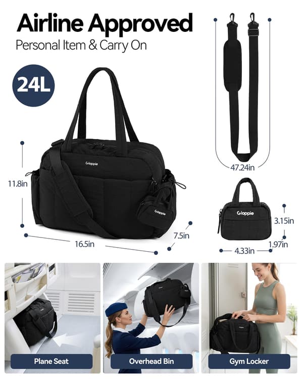 Gymväska för kvinnor, Puffy Reseduffelväska, Handbagage Weekendväskor, Svart