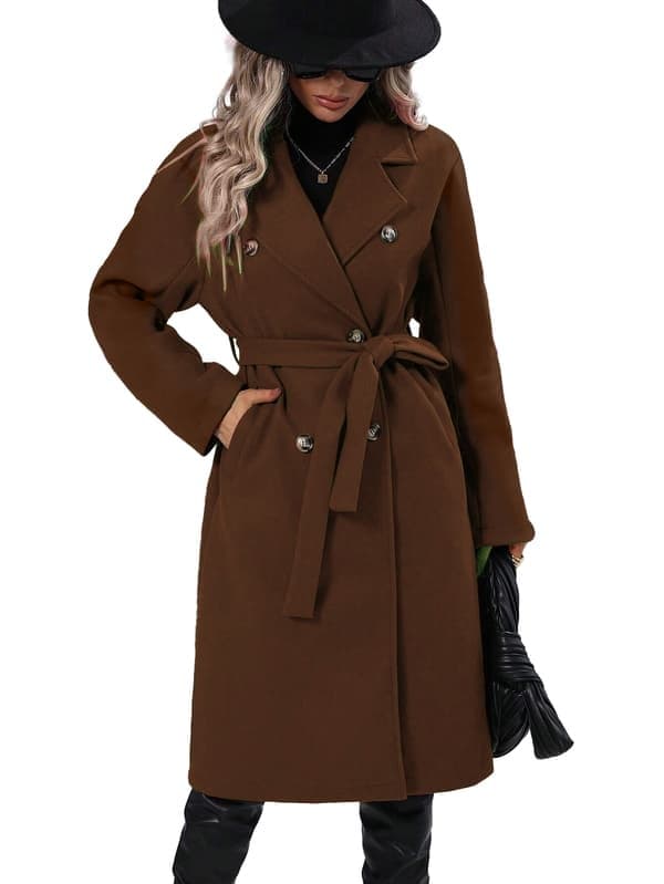 Lang uld-peacoat til kvinder med krogkrave, dobbeltradet trenchcoat, brun, størrelse M brown M