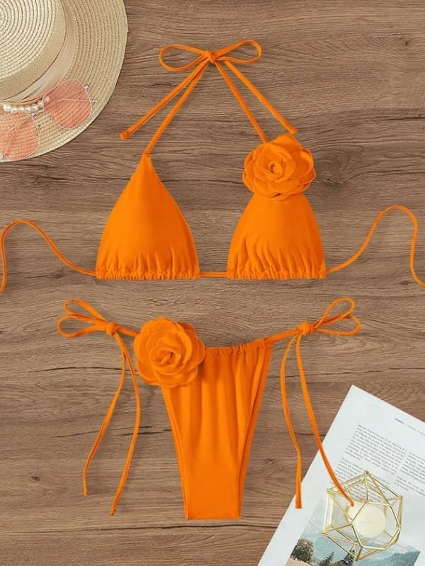 Bikini för kvinnor, 2 delar, 3D-ros, hög midja, badkläder, strandkläder, orange, storlek M Orange M