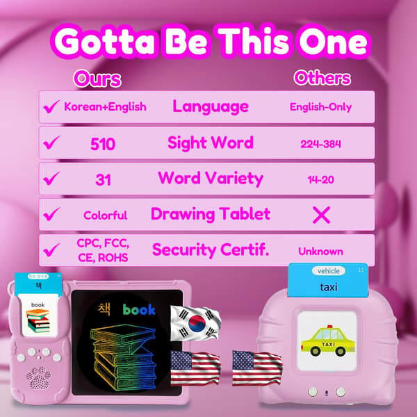 Skriveplade med tosprogede flashkort til børn, koreansk, lyserød Pink Korean