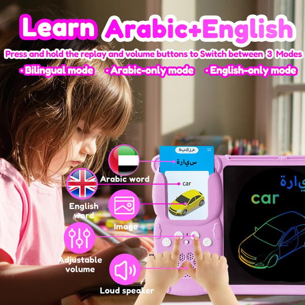 Skriveplade med tosprogede flashkort til børn, arabisk, lyserød Pink Arabic