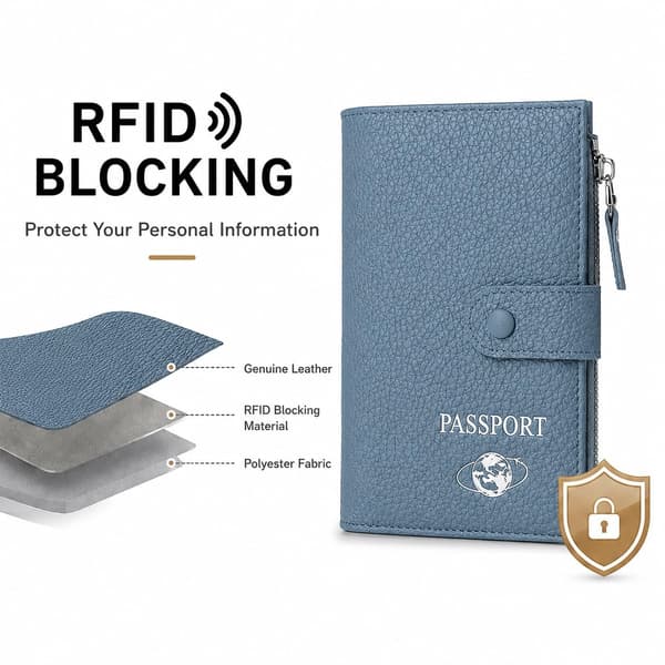 RFID-blokerende pasmappe i ægte læder til rejser, slank paspung med lynlåslomme, kontantrum og kortpladser, rejse Blue
