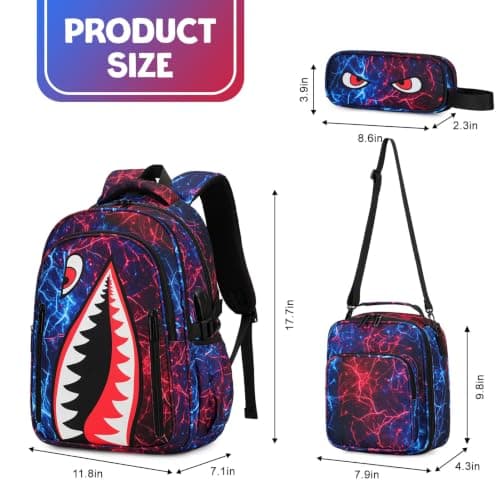 Rygsæk til drenge, 3 STK Cool Lysende Haj Drenge Rygsæk med Madkasse Red Blue Backpack