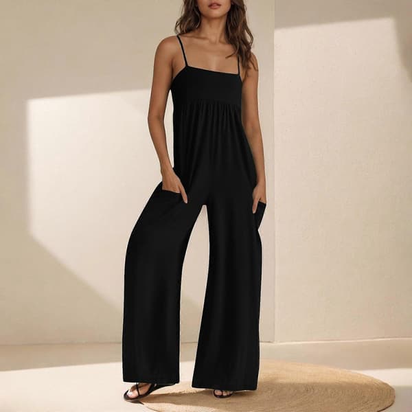 Dame Jumpsuit med tynde stropper og brede ben, sort L Black L
