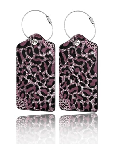 2-pack bagagebrickor i PU-läder för resväskor - Glitter Rosa Leopard Glitter Pink Leopard Print