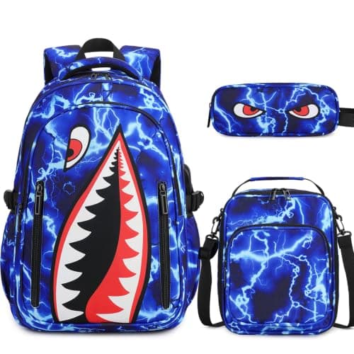 Rygsæk til drenge, 3 STK Cool Lysende Haj Drenge Rygsæk med Madkasse Blue Lightning Backpack