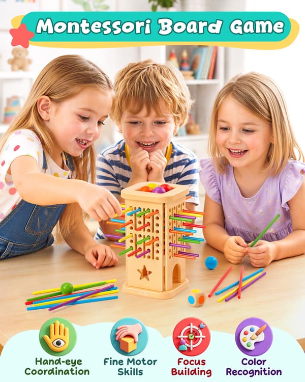 Montessori brætspil til børn 4-6 år, farverige træpinde bolddrop spil