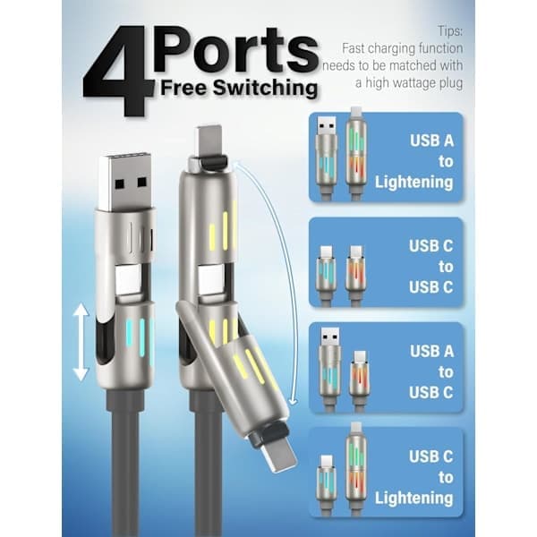 240W 4-i-1 USB-C-kabel, multilader med pustelys, PD 5A hurtiglading og datasynkronisering i silikon, kompatibel med iPhone Samsung