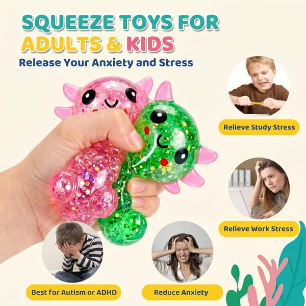 2 st Axolotl Squishy Stressboll, Glitter Långsamt Stigande Klämleksak för Barn A脳olotl(pink&green)