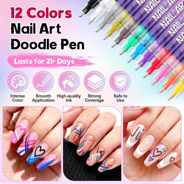 12 stk Nail Art Pen Marker Sæt 0,5 mm Fin spids til præcis graffiti tegning [Mode]