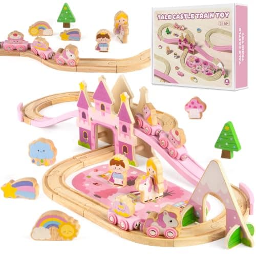 Togsett i tre for jenter, 40 deler rosa prinsesseslott-togsett