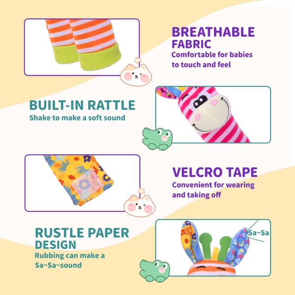 PADONISE Håndledsrangler Babysokker Babylegetøjssæt Blødt Sanselegetøj Pink & Yellow