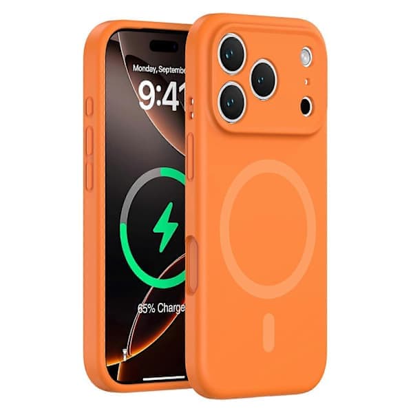Etui til iPhone 17 Pro Max kompatibel med MagSafe Præcis pasform PC + flydende silikone beskyttende mobiltelefonetui fluorescerende orange iPhone