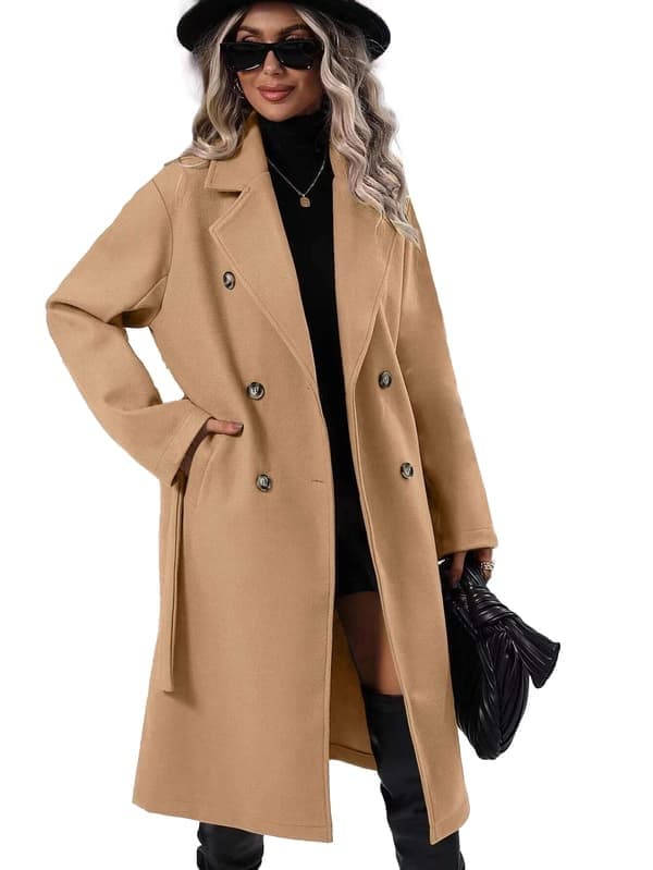 Lang ullfrakk for kvinner med hektekrage, dobbeltspent trenchcoat, khaki, størrelse S khaki S