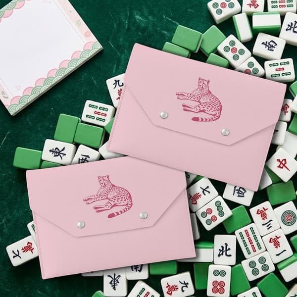 Trendy lyserød gepard leopard læder Mahjong korttaske holder pung Pink Leopard